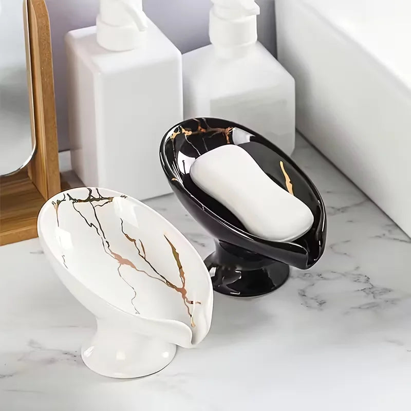 Ceramic self draining water and fertilizer soap rack, marble appearance, leaf shaped soap tray, easy to clean bathroom