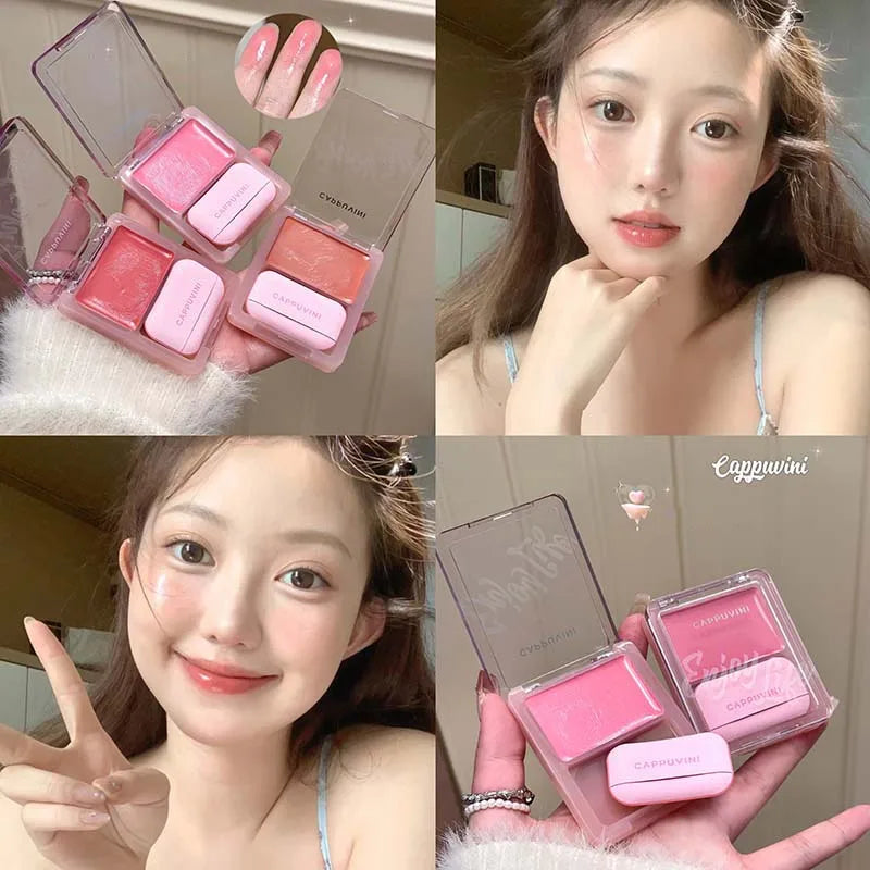 Orange Pink Blusher Plate with Puff Water Gloss Blush Cream Makeup Lasting Moisturizing Cheek Tint Rouge Portable Blush Cosmetic
