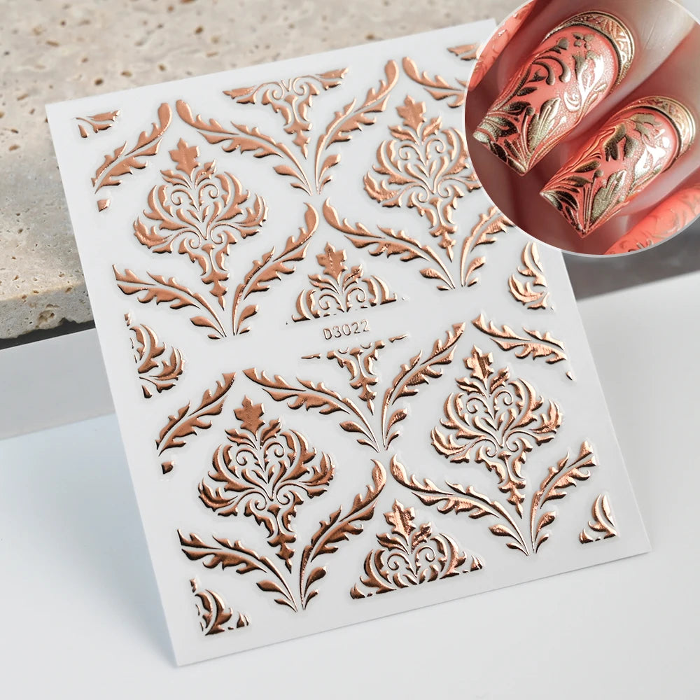 30pcs 5D Embossed Rose Golden Lace Floral Nail Stickers Retro Vine Flower Nail Decals 5.5*6.5cm Irregular Geometric Nail Sliders