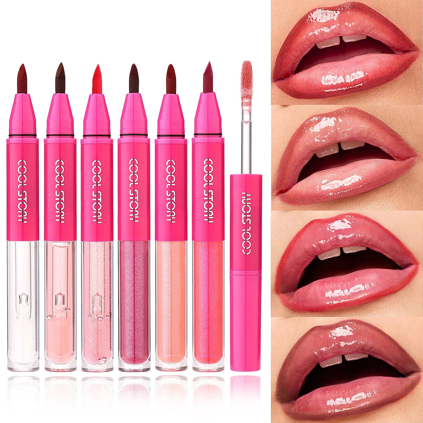 2 in 1 Matte Lip Liner Mirror Lip Gloss Waterproof Plumping Stain Hydrating Shiny Transparent Lip Oil Jelly Lips Contour Makeup