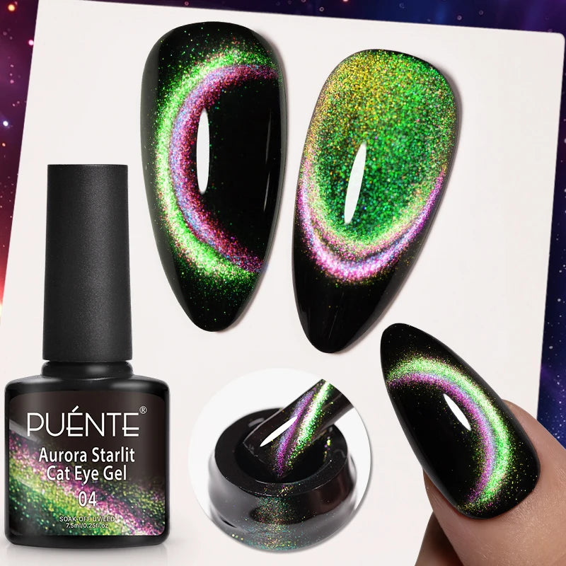 PUENTE 7.5ML Golden Gems Cat Magnetic Gel Nail Polish Pink Brown Blue Colors Golden Glitter Cat Eye Soak Off UV Nail Art Varnish