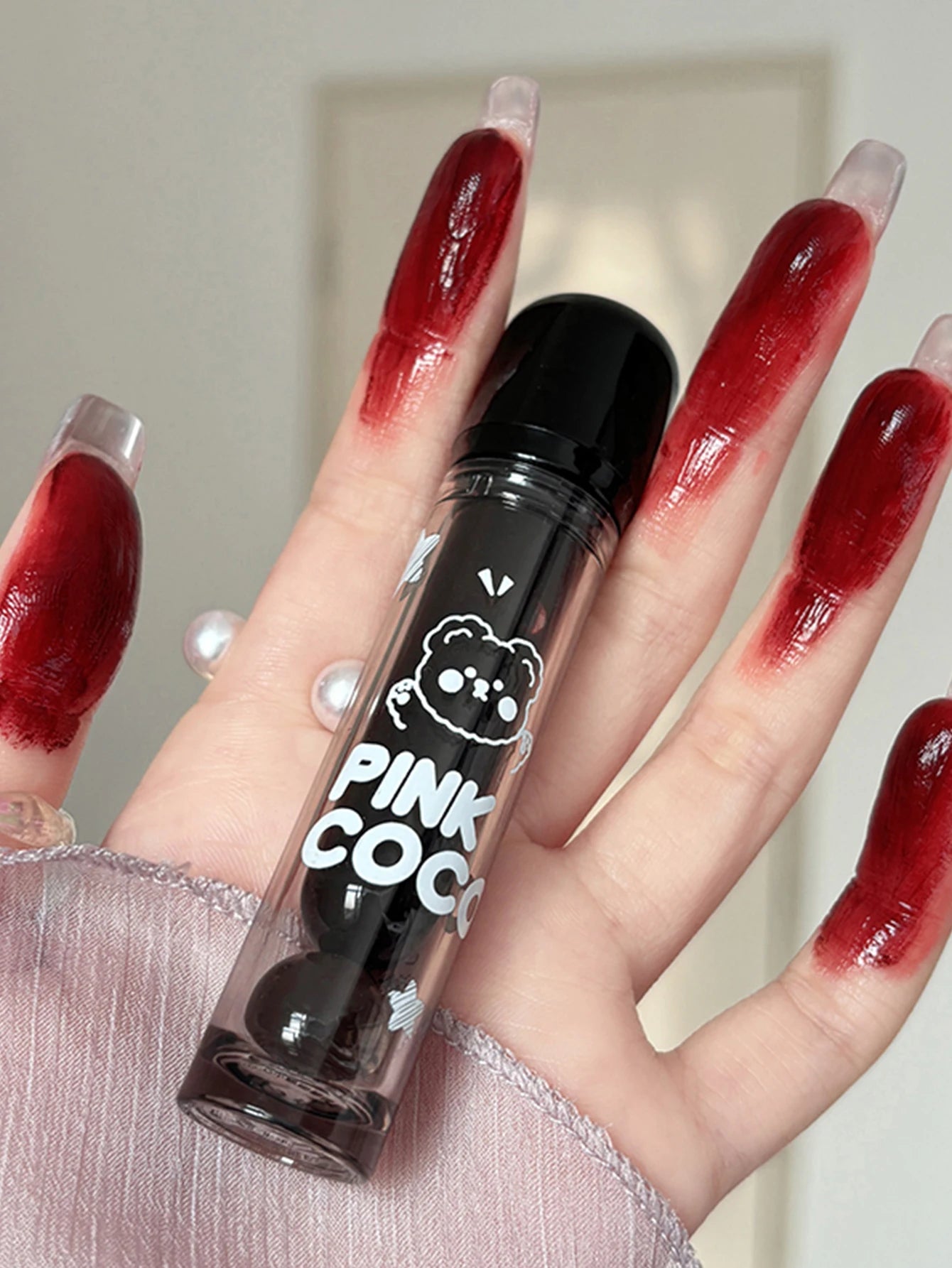 PINKCOCO Bear Doodle Mirror Lip Glaze — Long-Lasting Shiny Lip Gloss, Student-Friendly, Skin-Brightening Nude Lipstick