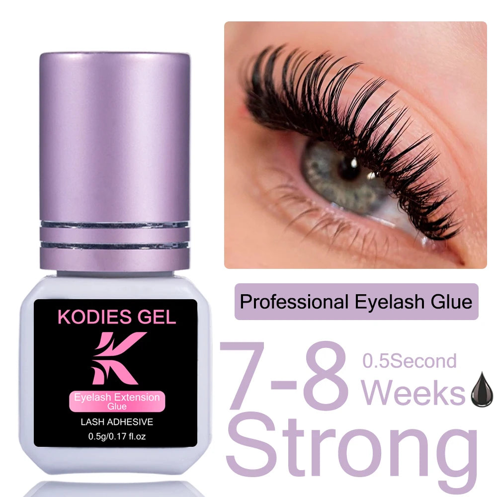 KODIES GEL Extreme Hold Eyelash Glue Professional Lash Glue Extensions Supplies 0.5 Sec Black 8-9 Week Retention Adhesive Bonder