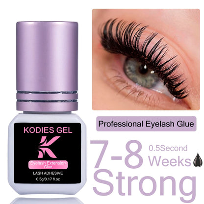 KODIES GEL Extreme Hold Eyelash Glue Professional Lash Glue Extensions Supplies 0.5 Sec Black 8-9 Week Retention Adhesive Bonder