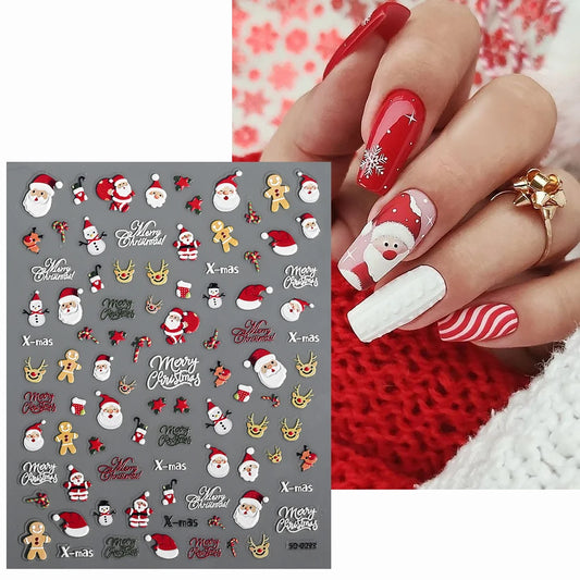 2pcs 5D Christmas Nail Stickers Waterfall Snowflakes Santa Claus Elk Gingerbread Nail Decals  Embossed Winter  Xmas Manicure Set