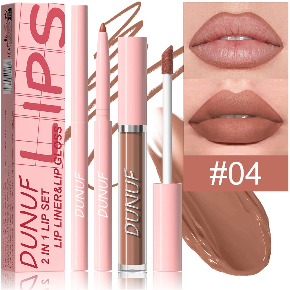 Matte Lip Gloss Lip Liner Set, 2pcs Waterproof Non-sticky Long-Lasting Lipstick, Nude Deep Red Mauve, Y2K Makeup Christmas Gift