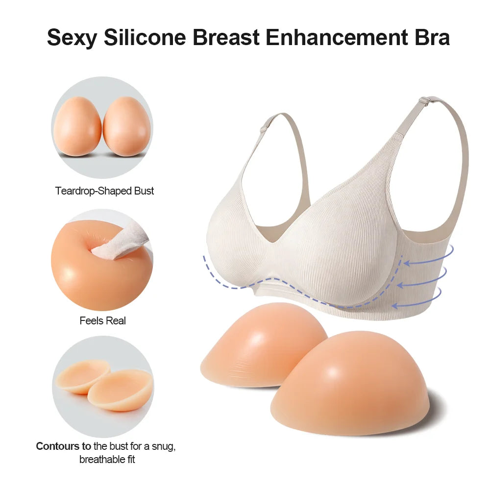 Women's Silicone Fake Boobs Form Underwear 2-In-1 Fake Breasts With Bra For Breast Enlargement Pad Chest Becomes Big