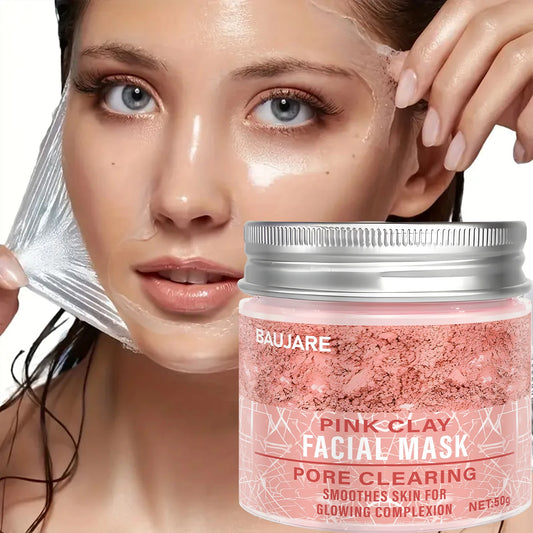 Pink Clay Facial Mask: Pore Clearing, Removes Dirt, Smooths Skin, With Collagen/Biotin for Glowing Complexion
