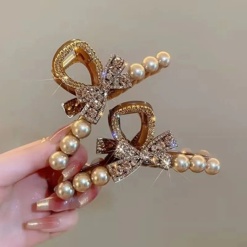 Luxury Gold Crystal Bow Pearl Hair Claw Clip, Elegant Rhinestone Decorated Non-Slip Jaw Clip, Glamour Hair Accessory for Women