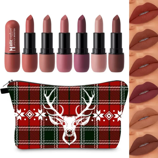 Ladies' Christmas Makeup Set, 6 Lipstick and Makeup Bag, Durable and Easy to Apply Designed for Ladies and Girls