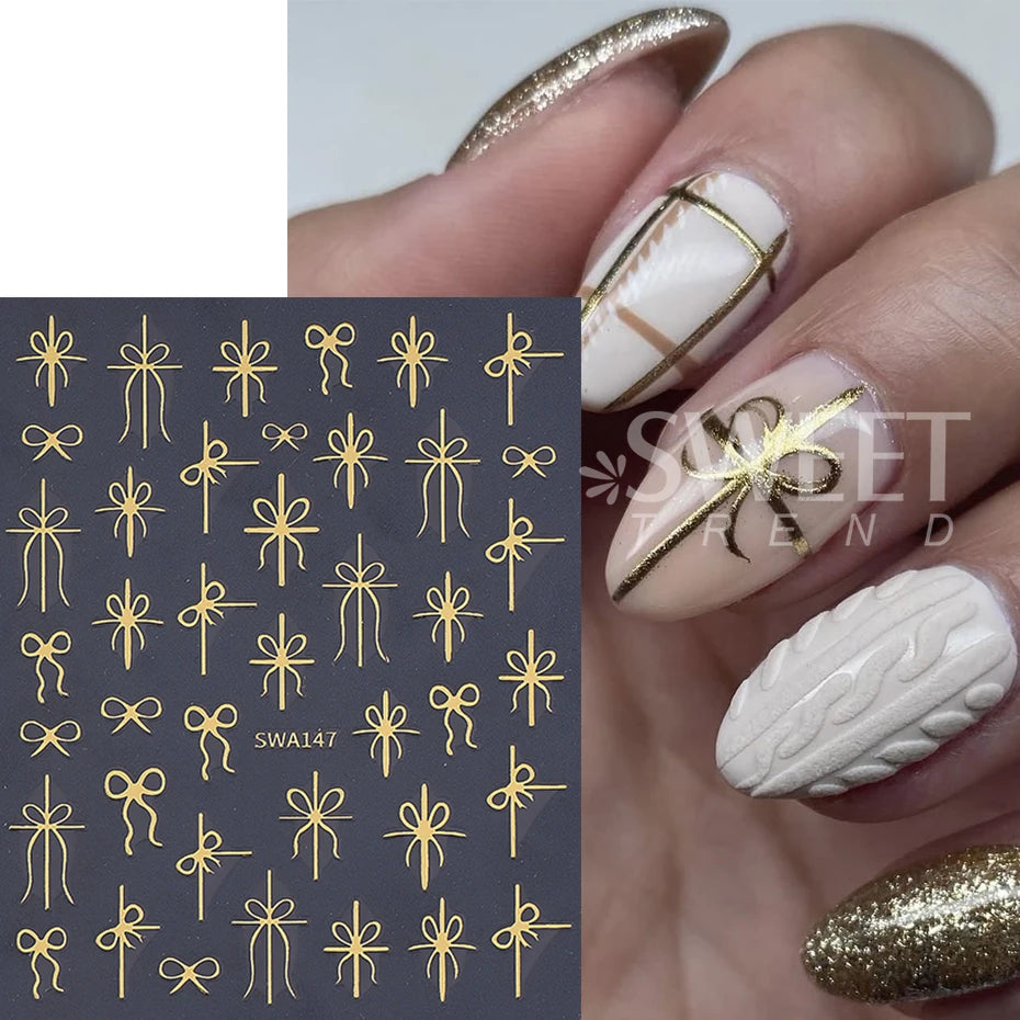 3/6pcs Christmas Nail Art Stickers 3D Snowflake Bow French Line Design Decals DIY Self-Adhesive New Year Manicure Decoration