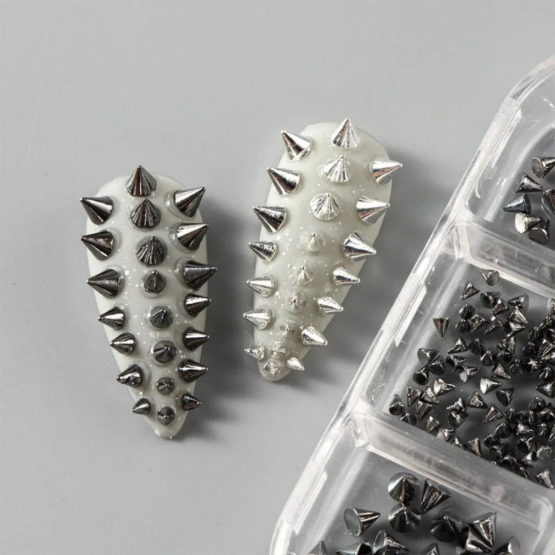 6 Grids Y2K Punk Metal Rivet Nail Charms Cone Mixed Sized Black Silver Gold Nail Art Studs 3D Stylish Alloy Spike Nails tool