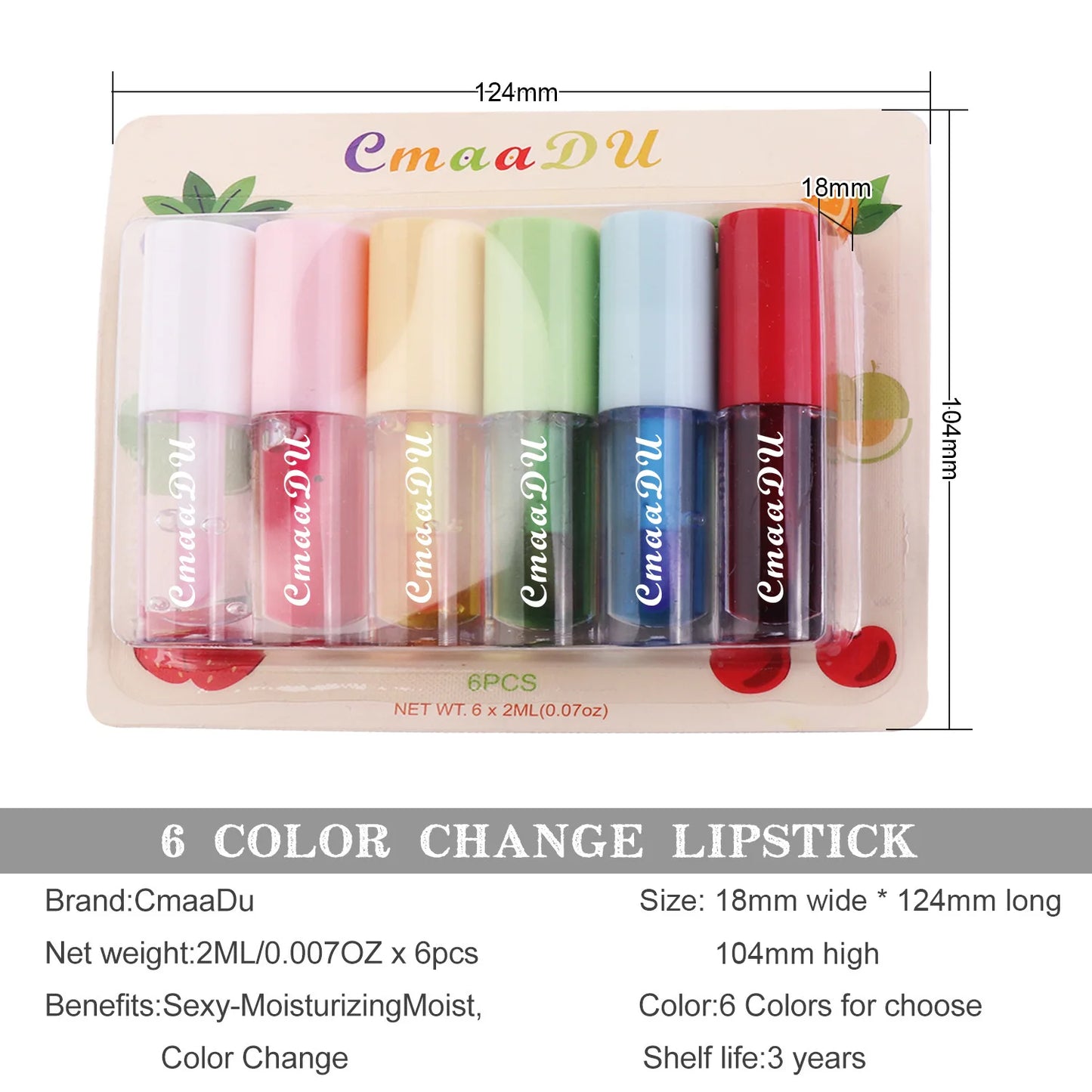 CmaaDu 6 Packs Fruit Mirror Color Changing Lipstick Lip Glaze Set Nourish Moisturize Brightening Protect Lips and Fade Lip Gloss