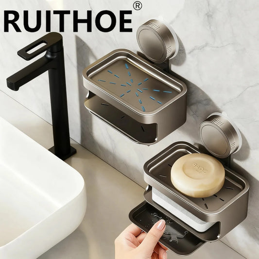 1Pcs Double-Layer Soap Container Bathroom Soap Dishes Holder Self Draining Soap Box with Suction Cups for Bathroom Accessories