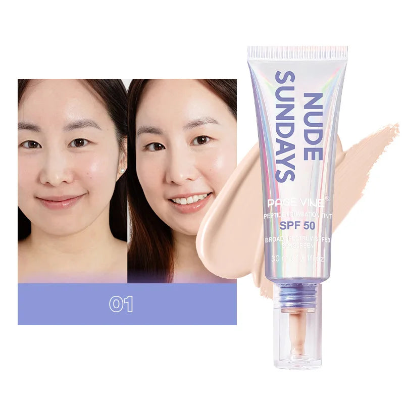 PAGE VINE Peptide Foundation Tint SPF50 Flawless Foundation Oil Control Concealer Non-Flaking Full Coverage Hydrating Makeup Hot