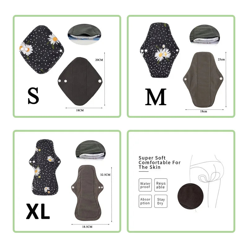 5PCS Small Medium Large Different Period Time Bamboo Reusable Menstrual Pads Washable Sanitary Towels for Lady Women Daily Night