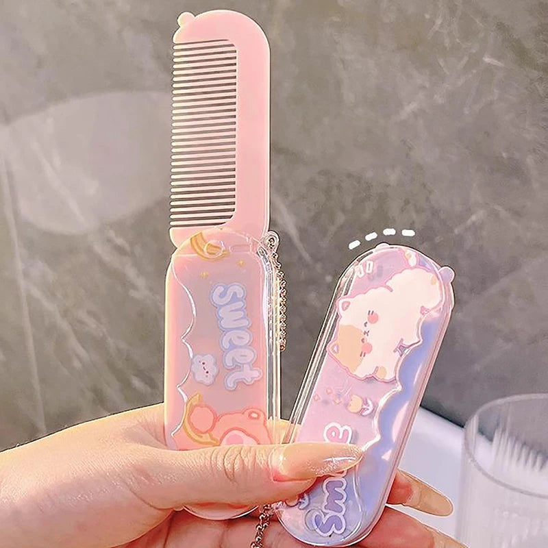 1pc Cute Cartoon Bear Mini Girl Hair Brush Hair Comb with Mirror Small Portable Hand Kid Girl Hair Brush Hair Access random