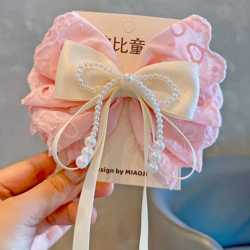 1PC New Pink Sweet Lace Cotton Bow Women's Pearl tassel Hairpin Sensation Top Clip Float Hair Accessories Headwear