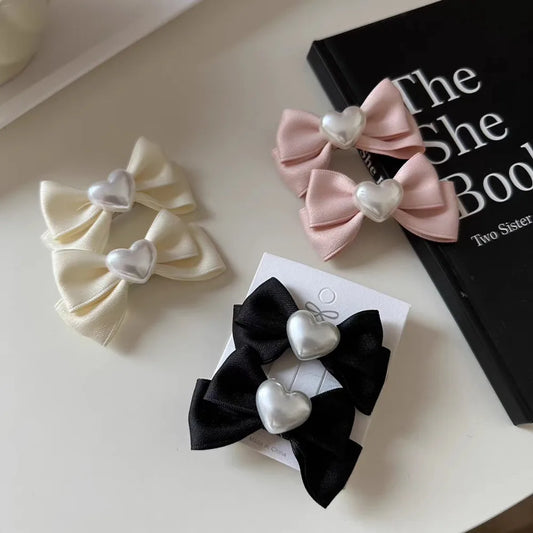 2pc Cute Simple Retro Bow with Pearl Hairpin Solid Color Vintage Hair Side Clips Accessory for Women Girls