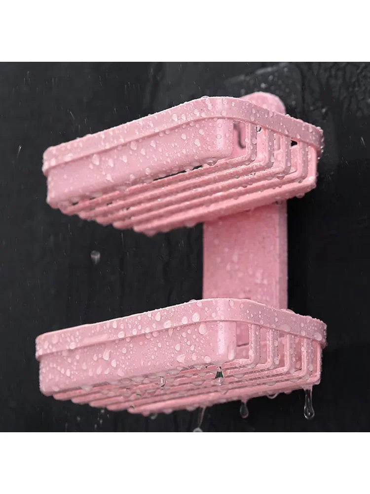 Self Adhesive Soap Dish Holder Wall Mounted Double Drain Soap Box Removable Plastic Soap Storage Basket For Bathroom
