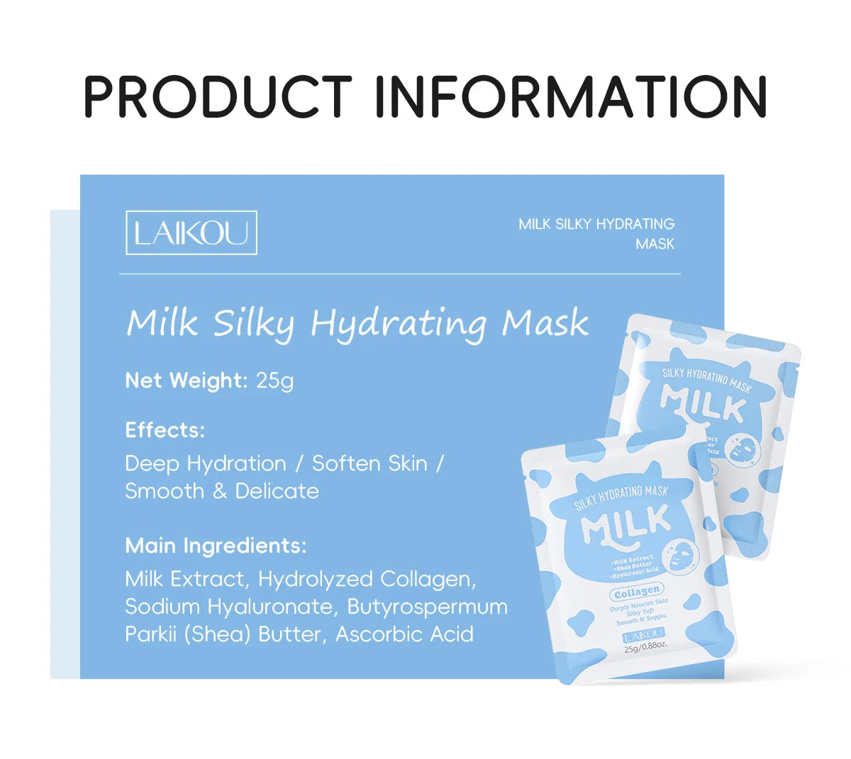 LAIKOU Milk Silky Hydrating Mask Brightening Collagen Sheet Mask Anti-Age Skin Care Moisturizing Face Mask 25g