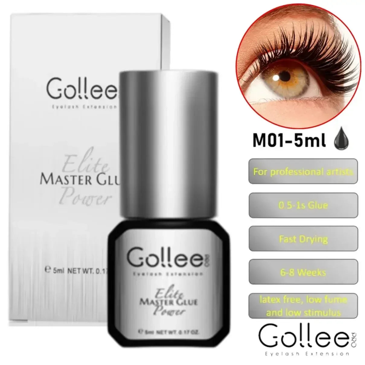 Gollee 0.5S Glue for Eyelashes Extra Strong Glue 50-60days Black Eyelash Glue Lash Extension Supplies Adhesive for Eyelash