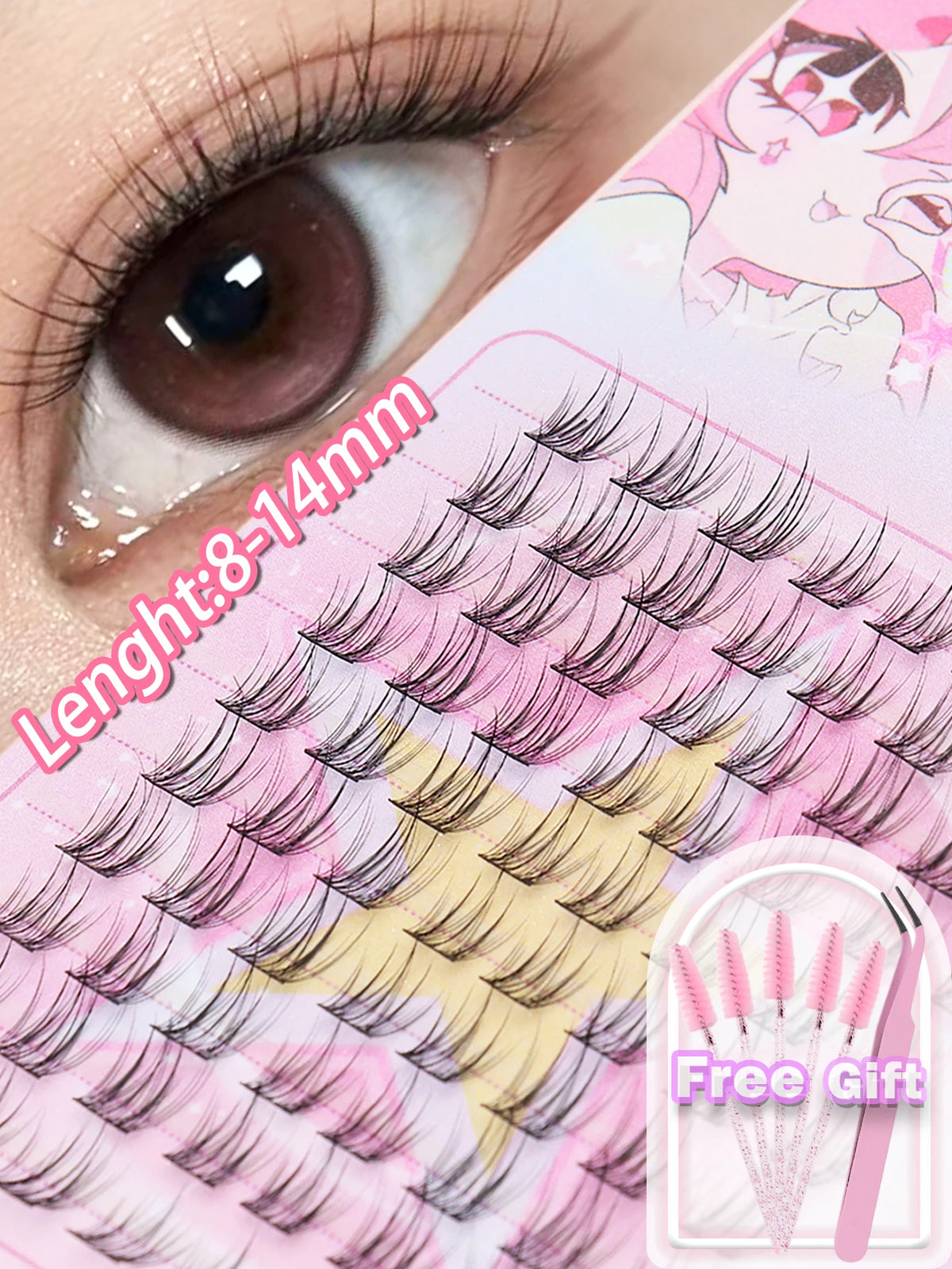 80 Clusters of Brown Natural Fox-Style Cat Eye False Eyelashes Makeup Tools, Natural Segmented Eyelash Bundles Makeup Tools