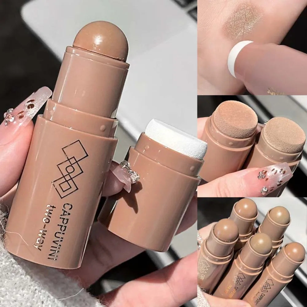 2 In 1 Face Contour Bronzer Stick Face Brighten Highlighter Bar Matte 3D Nose Shadow With Sponge Concealer Cream Makeup Tool