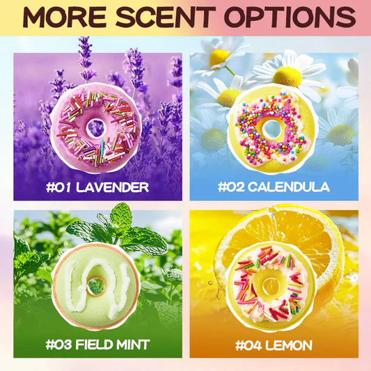 Donut Bath Bombs Set – 4pc Fizzy Bath Salts with Sea Salt & Shea Butter, Handmade Colorful Soak for Relaxing Bath Time