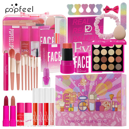 POPFEEL Pink Makeup Set - All-in-One Eyeshadow, Foundation, and Lipstick Kit for Holiday Celebrations and Christmas Gift Giving.