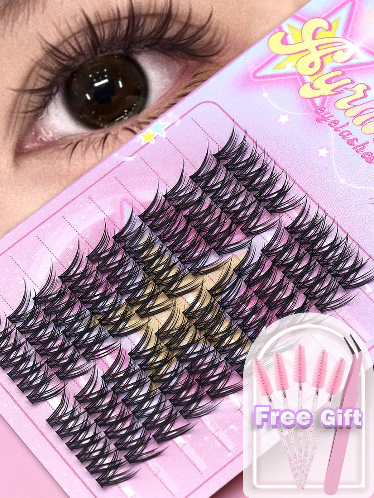 80 Clusters of Brown Natural Fox-Style Cat Eye False Eyelashes Makeup Tools, Natural Segmented Eyelash Bundles Makeup Tools