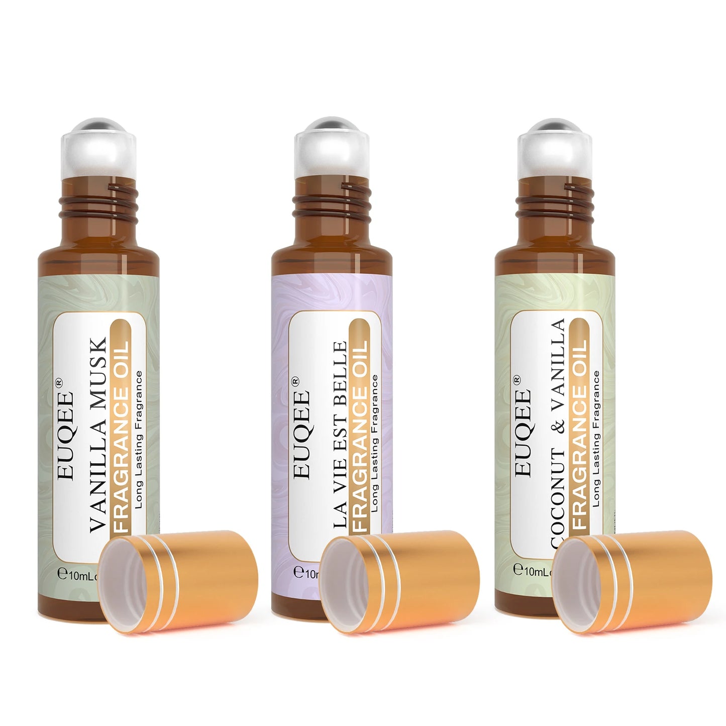 EUQEE 10ml Roll-On Fragrance Oil for Skin Sea Breeze White Musk Coconut & Vanilla Bubble Gum Green Tea Long Lasting Scent