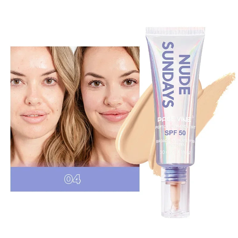 PAGE VINE Peptide Foundation Tint SPF50 Flawless Foundation Oil Control Concealer Non-Flaking Full Coverage Hydrating Makeup Hot