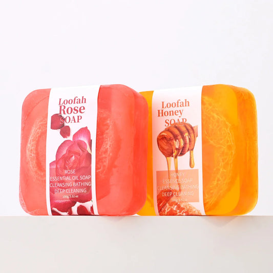 S+100g Natural Organic Rose Silk Gourd Network Oil Soap Lemon Whitening Face Body Wash Bar Loofah Soap