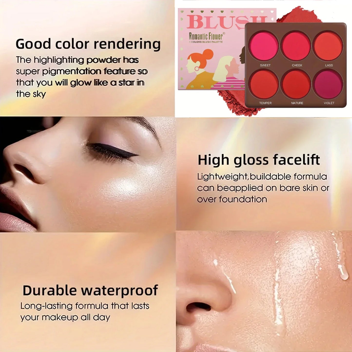 6 Colors Waterproof Matte Blush Palette Medium Buildable Coverage Long-Lasting Natural Finish Light and breathable,