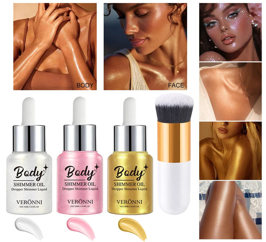 Body Shimmer Oil Set Liquid Highlighter Long Lasting Sequin Illuminating Moisturizing Highlight Facial Contour Brightening Mak