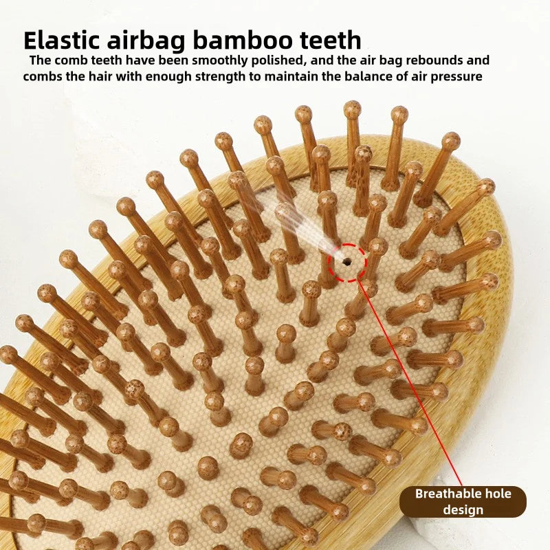 Portable Eco-Friendly Bamboo Hair Comb Wooden Round Hair Brush Scalp Massager Anti-Static Hairbrush for Women Men and Kids