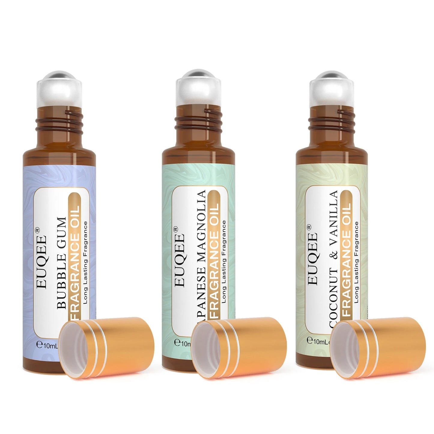 EUQEE 10ml Roll-On Fragrance Oil for Skin Sea Breeze White Musk Coconut & Vanilla Bubble Gum Green Tea Long Lasting Scent