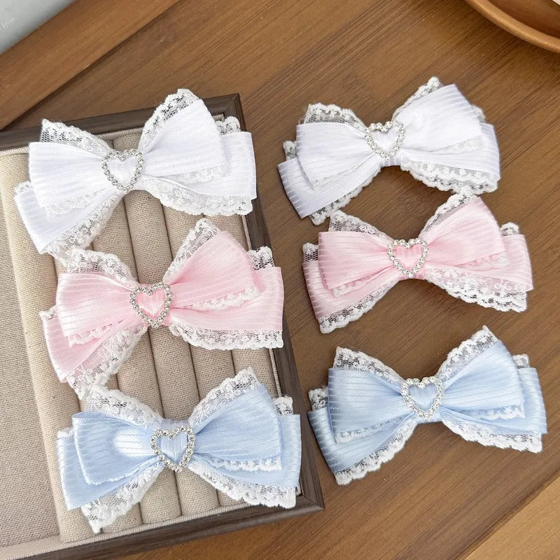 Lace Stripe Satin Bow Hair Clip Heart Rhinestone Barrettes Women Lolita Daily Wedding Party Hair Accessories Hair Clips ForWomen