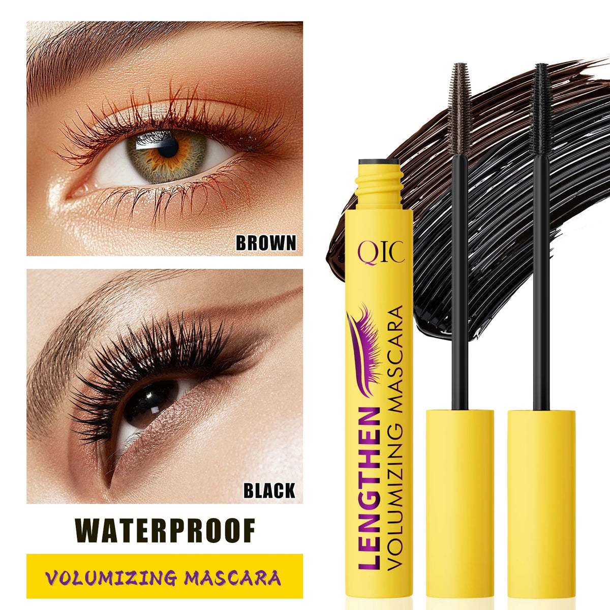 QIC 4D Black Mascara Brown Mascara Thickening, Lengthening, Curling, Waterproof Liquid Fiber Mascara.