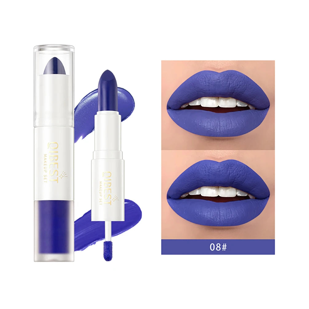 QIBEST 10 Colors 2 in 1 Matte Lipstick Lip Gloss Cosmetics Waterproof Double Head Red Purple Lipstick Long Lasting  Lips Makeup