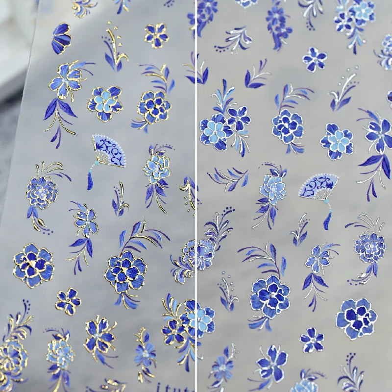 Japanese Vintage Red & Blue Rose Flower Laser Gold Silver Nail Stickers Nail Art Decal Design Manicure Tool High Quality