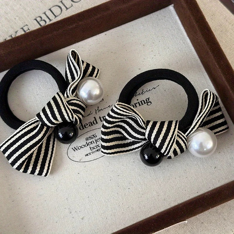Simple Beach Hair Accessories Scrunchies for Hair Woman Accesories Pearl Striped Bow Girls Cute Items New Headwear Apparel