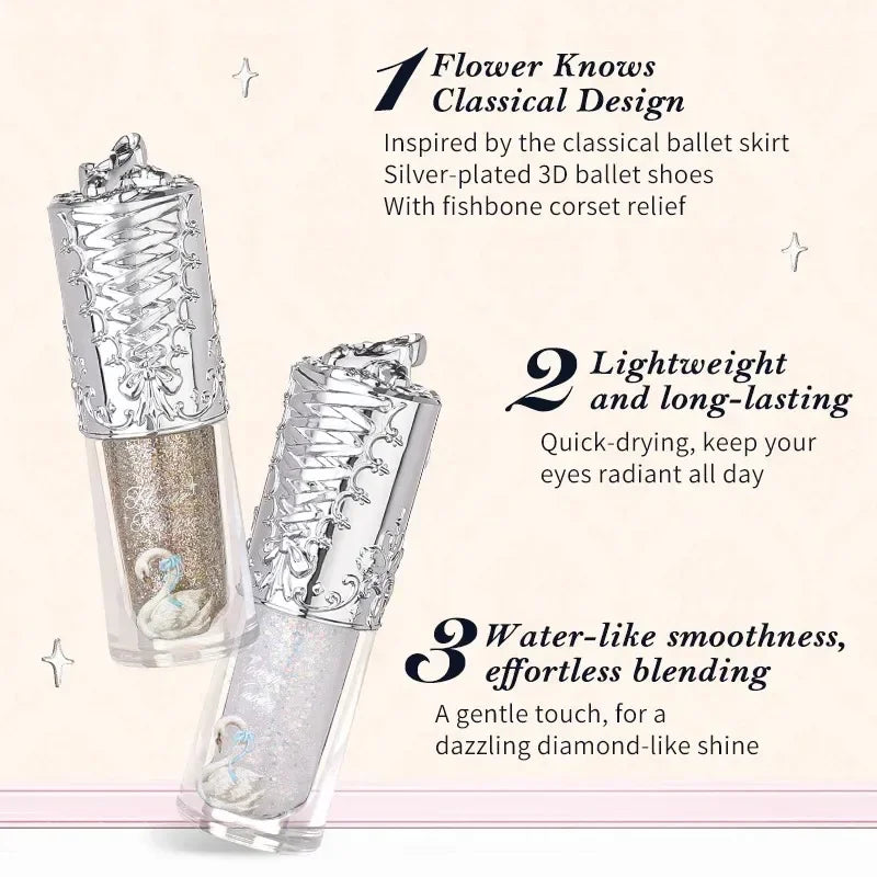 Flower Knows Swan Ballet Glitter Liquid Eyeshadow Long Lasting Shimmer Waterproof Quick Dry Metallic Eye Makeup for Women Girls