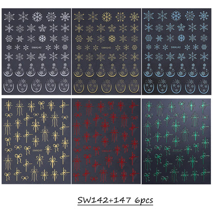 3/6pcs Christmas Nail Art Stickers 3D Snowflake Bow French Line Design Decals DIY Self-Adhesive New Year Manicure Decoration