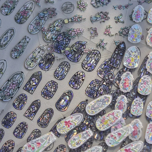 1piece 5D glass fragment nail sticker high quality stained glass window grille design glitter art decoration design nail sticker