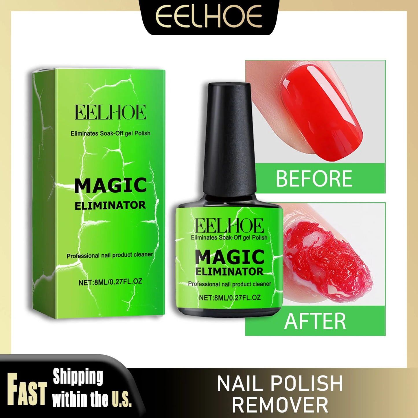 EELHOE 8ml Nail Gel Remover 3 Minutes Fast Remove Polish Soak Off Clean UV Harmless Reduce Dryness Non-Irritating Easily Removes