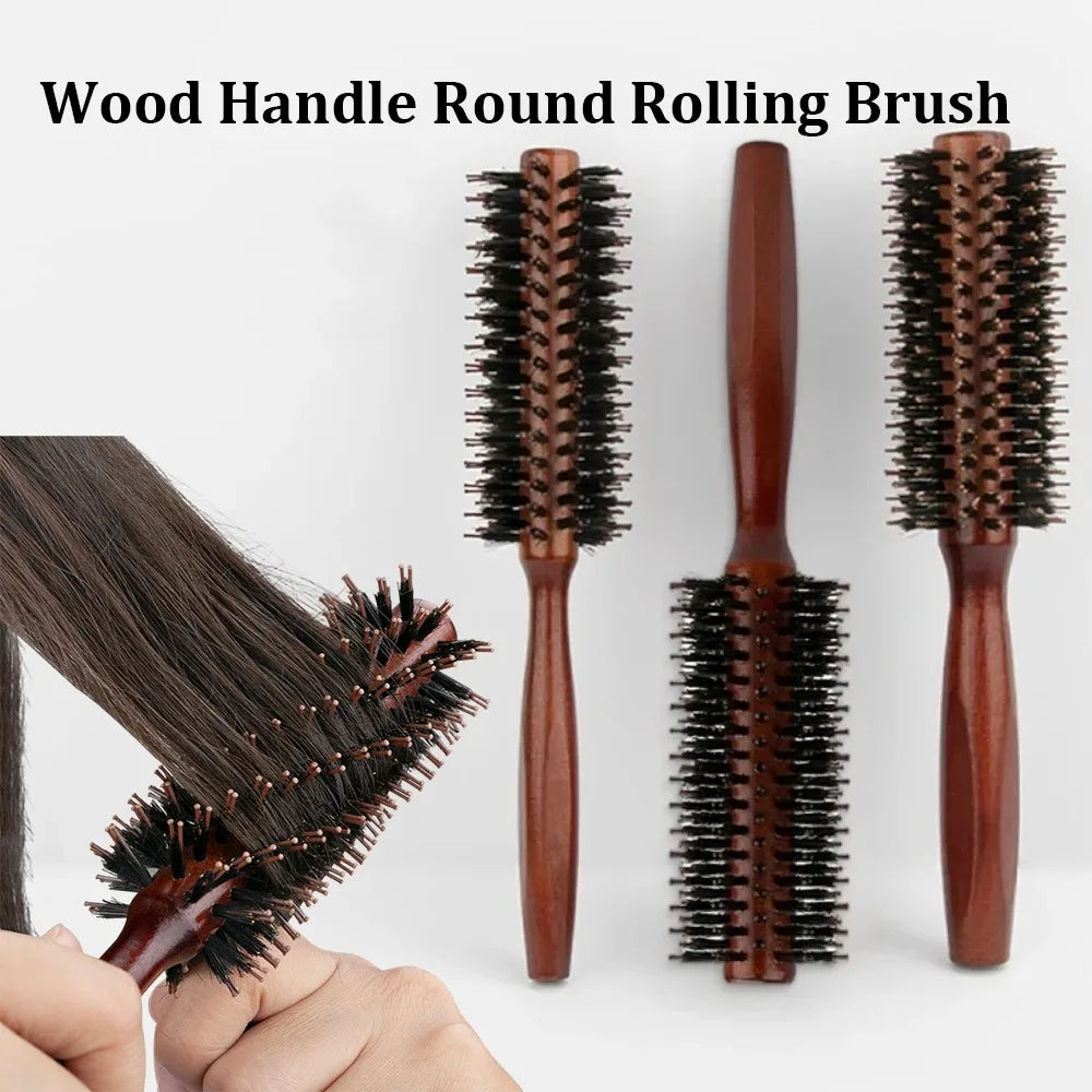 Boar Bristle Round Hair Brush Set Nylon Pin Wooden Handle for Straightening Curling Volumizing Detangling  Salon Styling Tools