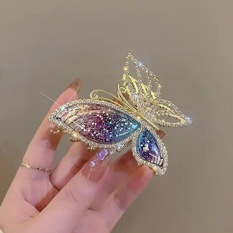 Starry Purple Gradient Rhinestone Shark Hair Clip, Resin Winged Butterfly Hair Claw, Stylish Exquisite Butterfly Claw Clip.