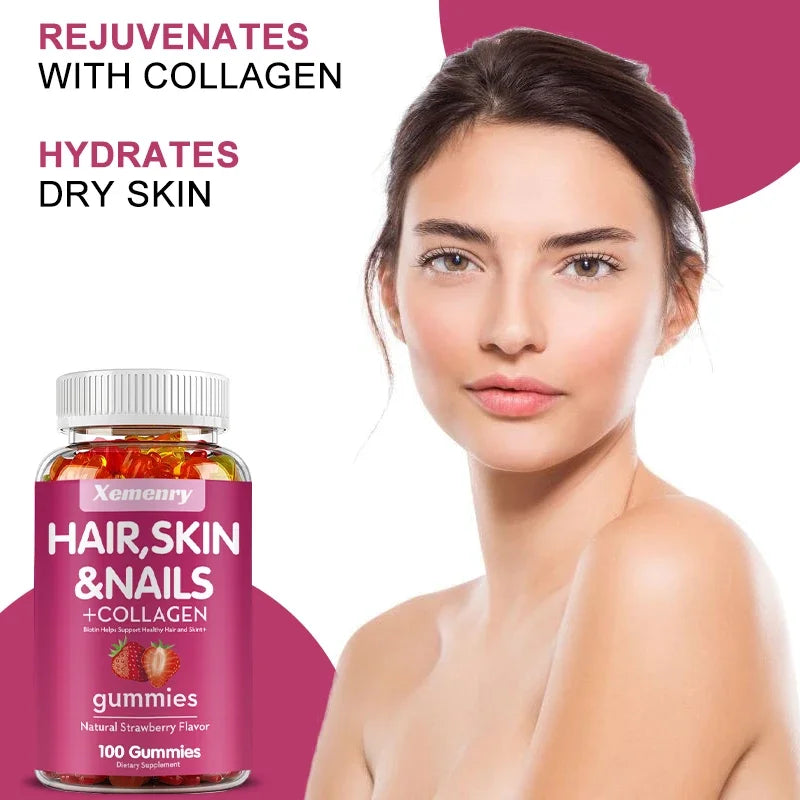 Natural Biotin Gummies - Supports Hair, Skin, Nails & Collagen, Dietary Supplement, Antioxidant - 100 Gummies